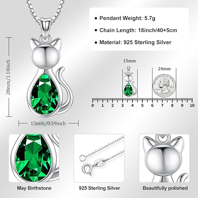 Odinstone Cat Birthstone Necklaces Jewelry Sterling Silver Cat Pendant Necklace Gift for Women Gifts, 18'' Silver Box Chain Women's Birthstone Crystal Cat Jewelry Gifts