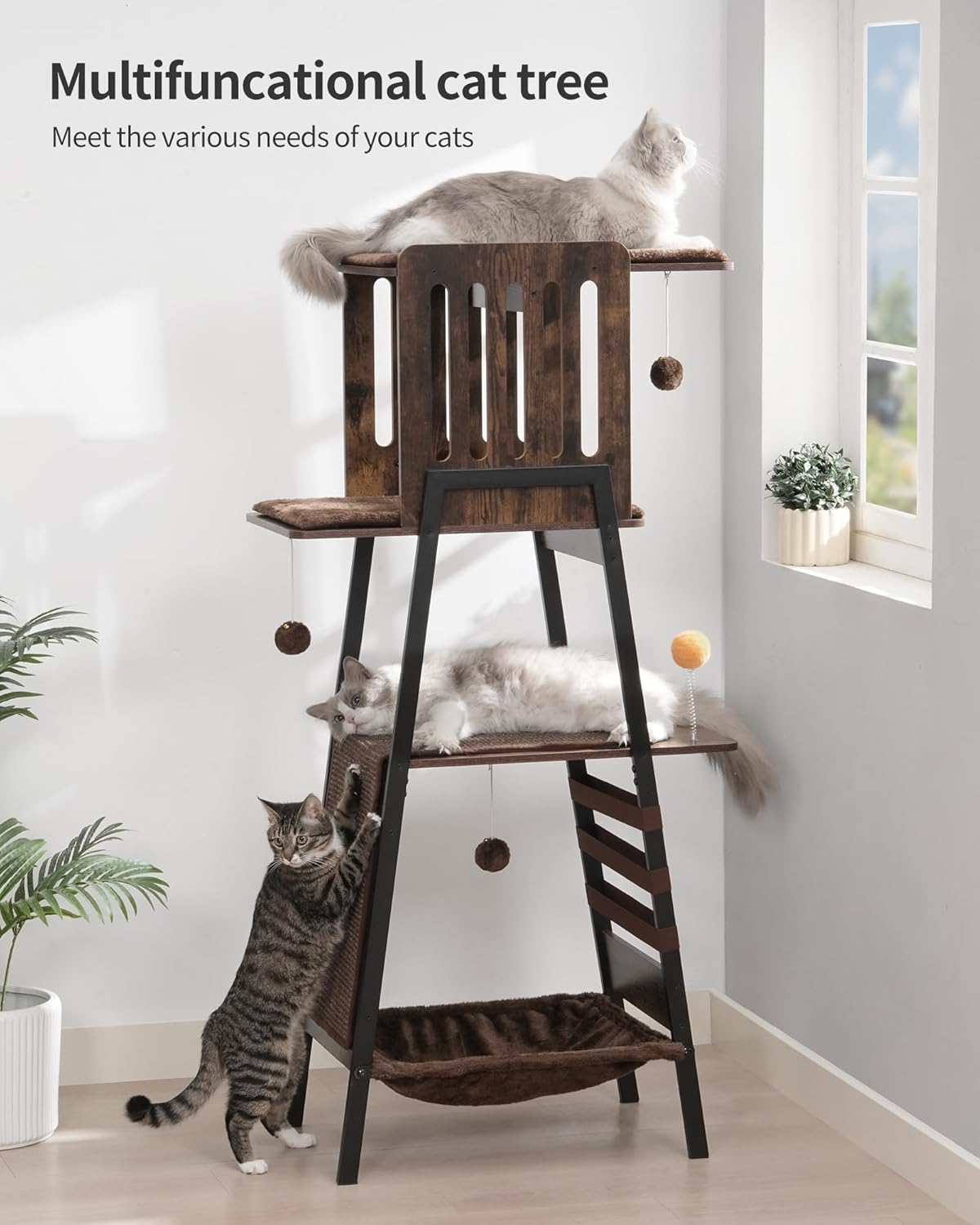 FourFurPets Modern Cat Tree, 58-Inch Cat Tower for Large Cats, Maine Coon Cat Tree with Scratching Board, Large Perch, Hammock and Removable Pads, Rustic Brown