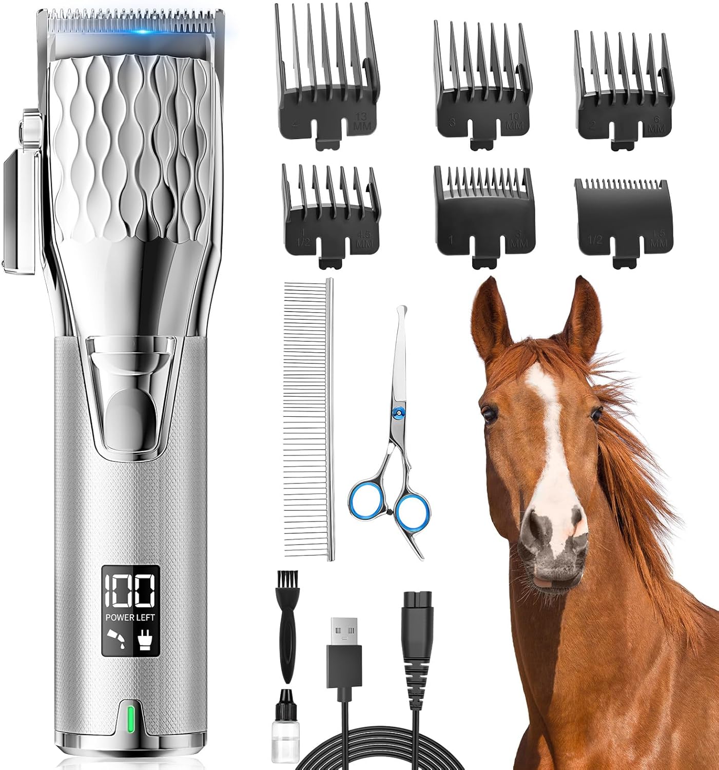 Horse Clippers, Cordless Trimmers Grooming Kit with 2500mAh Battery，Low Noise Heavy Duty Body Clipping Machine with LED Display, Suitable for Horse, Cattle, Cat, Dog with Thick/Tangled Coat