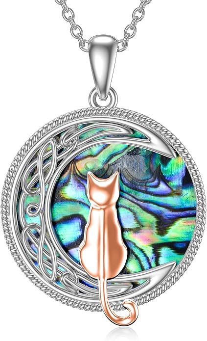 TOUPOP Cat Necklace Sterling Silver Abalone Shell Celtic Cat on the Moon with Abalone Shell Birthday Christmas Jewelry Gifts for Women