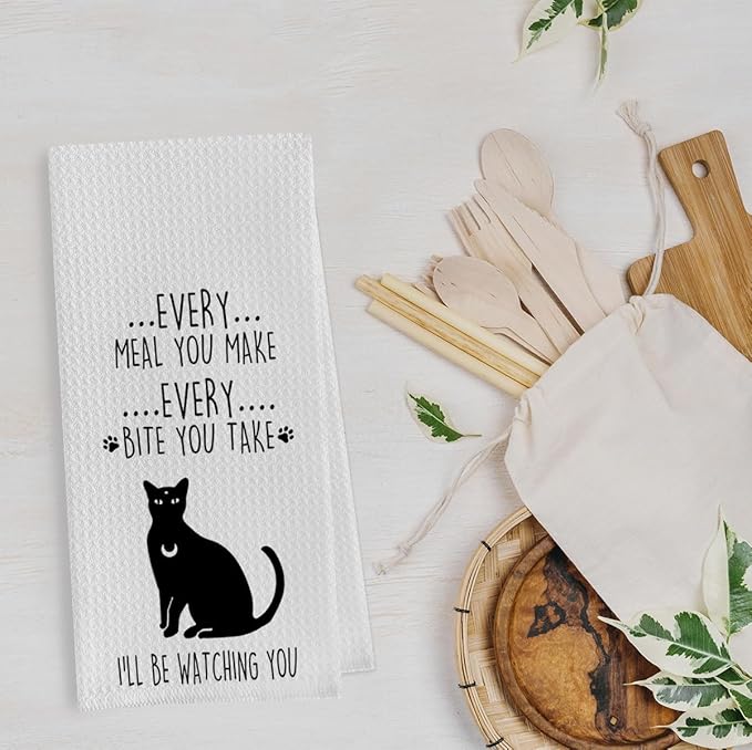 Cat Gifts Dish Towels Set - Funny Waffle Weave Kitchen Hand Tea Towels, Black Cat Gift (1624 Inches Set of 2)