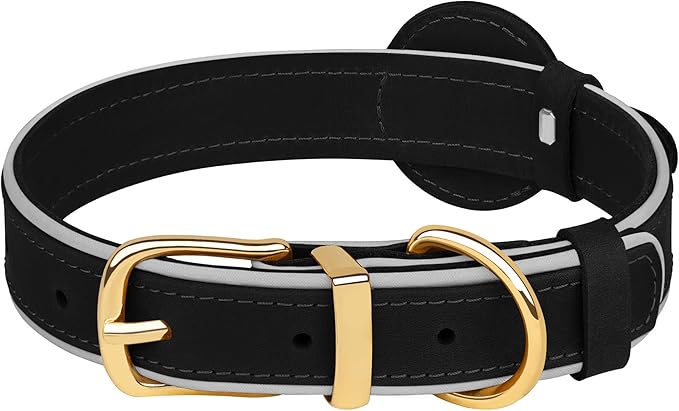 OOPSDOGGY Reflective Geniune Leather Airtag Dog Collar Soft Padded Collars for Small Medium Large Breed Dogs Puppy, 4 Sizes, 7 Colors (Black, XLarge, 19"-24")