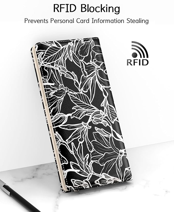 Nipichsha Womens Wallet, RFID Slim Wallets for Women, Thin Ladies Credit Card Holder Purse, Cute Leather Bifold Clutch Billfold with 11 Card Slots & ID Window, Black White Leaf