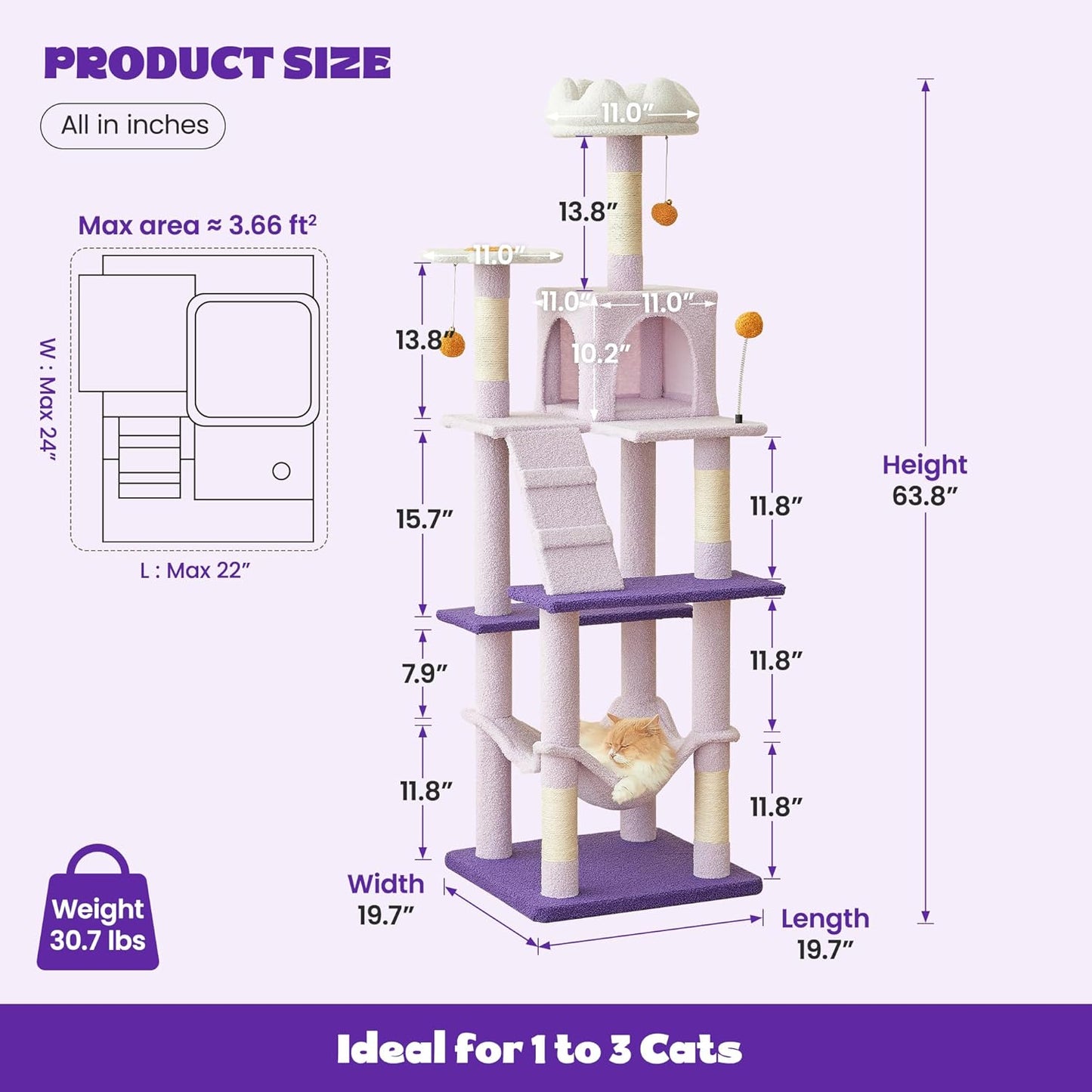 MWPO Flower Cat Tree for Indoor Cats, 63.8 Inches Multi-Level Cat Tower with Sisal-Covered Scratching Posts, Padded Platform, Hammock, Dangling Toys, Stable Cat Condo Pet Play House