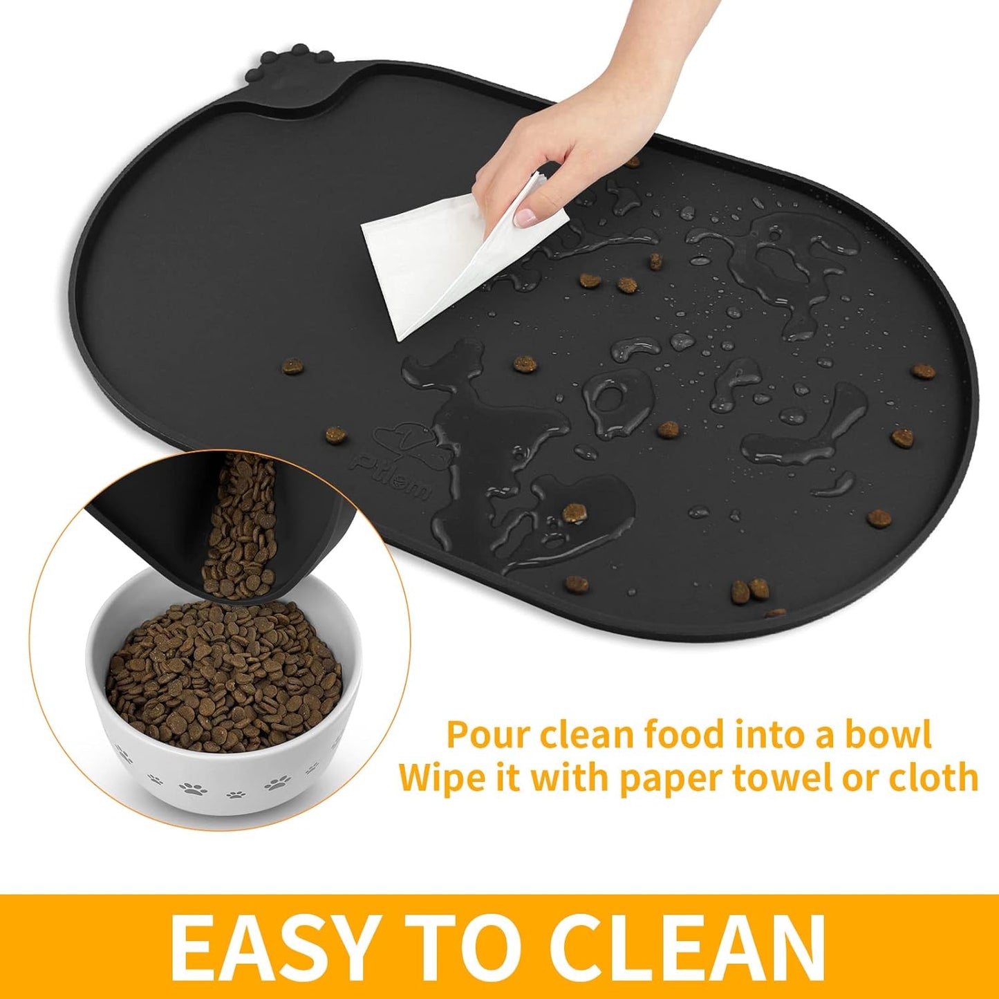 KPWACD Pet Placemat for Dog and Cat, Waterproof Silicone Dogs Feeding Bowl Mat Prevent Food and Water Overflow, High-Lips Puppy Dish Mats Suitable for Small Medium Big Pets, Black, 24" * 16"