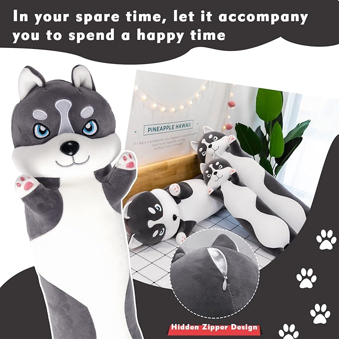 Long Husky Plush Pillow, 35.4in Cute Dog Plushie Stuffed Animals Body Pillow, Kawaii Husky Soft Plushie Doll Toy Birthday Gift for Kids Girlfriend