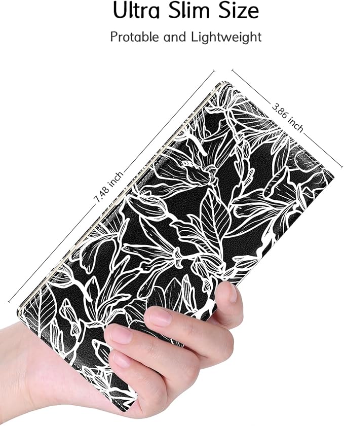 Nipichsha Womens Wallet, RFID Slim Wallets for Women, Thin Ladies Credit Card Holder Purse, Cute Leather Bifold Clutch Billfold with 11 Card Slots & ID Window, Black White Leaf