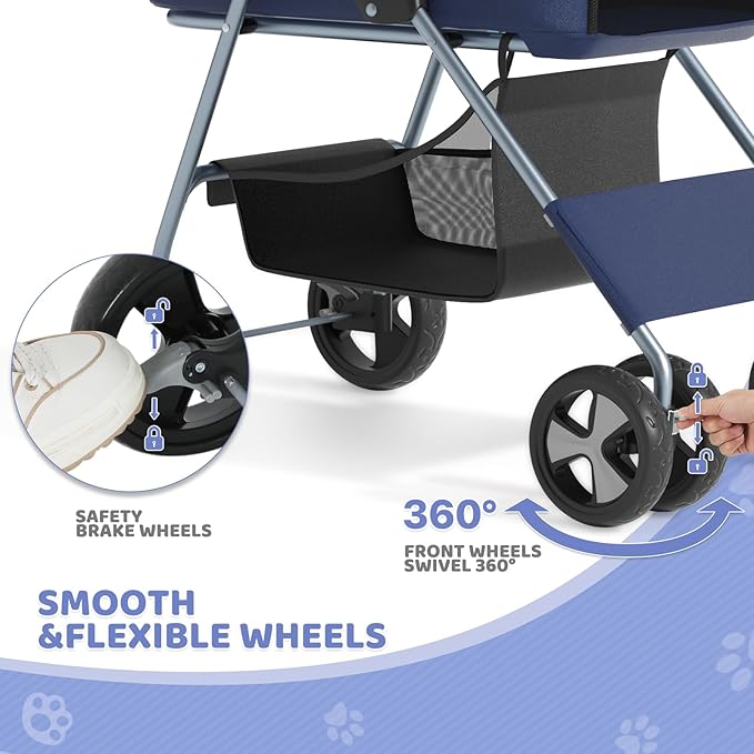 Magshion Foldable Pet Stroller, 3-in-1 Dog Travel Jogger with Detachable Carrier, Cup Holder, Storage Basket, Folding Carrier for Small/Medium Dogs & Cats Up to 33 lbs, Navy Blue