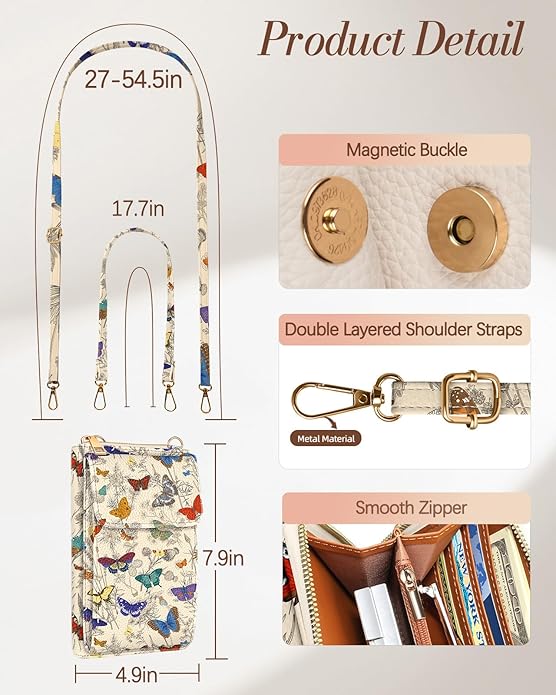 Cute Crossbody Purse Cell Phone Bags for Women - Leather Cellphone Wallet Purse with Handle Rope and Adjustable Shoulder Rope