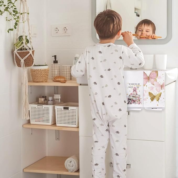 Pink and Gold Bathroom Decor Hand Towels Set of 2, Trendy Pink Fashion Floral Perfume Butterfly Decorative Hand Towels for Bathroom, Inspirational Gifts for Women, 16x24 Inch