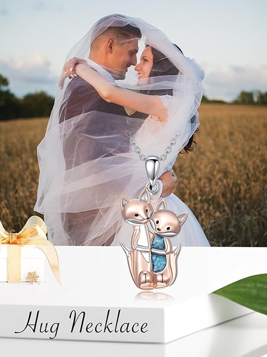 Couple Hug Necklace 925 Sterling Silver Cat/Fox Couples Hugging Turquoise Necklace Couples Jewelry as Valentine's Day Gift for Women