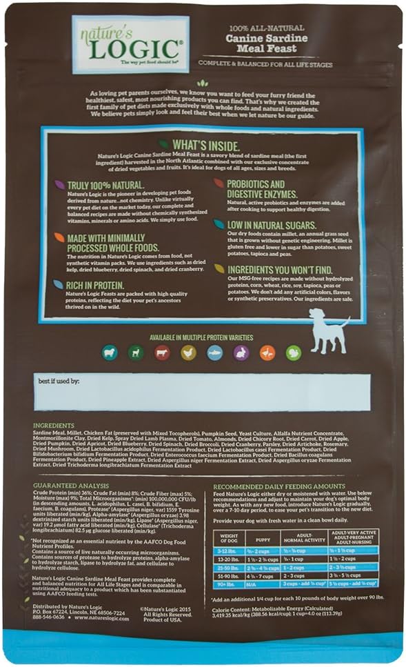 Nature's Logic Dry Dog Food - 100% Natural - No Synthetics - For All Ages, Sizes, Breeds - Free From Common Allergens, High Protein - Sardine Meal Feast, 4.4lbs