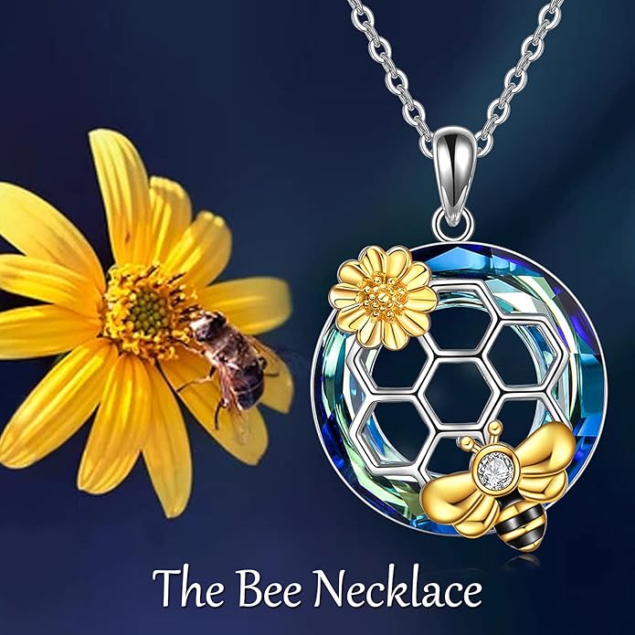 LUHE Bee Necklace 925 Sterling Silver Honeycomb Cute Flower Pendant Necklaces for Women Gifts for Her Women