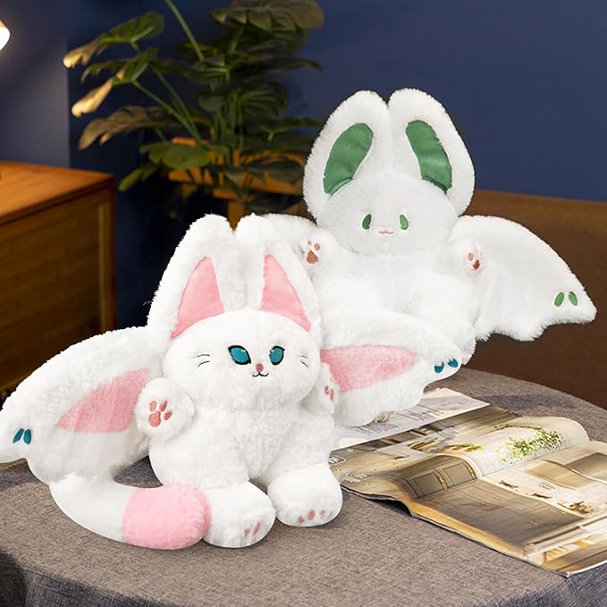 PEACH CAT Cute Bat Cat Plush Pillow Kawaii Bat Cat Stuffed Animal Toys for Kids White and Pink 12"
