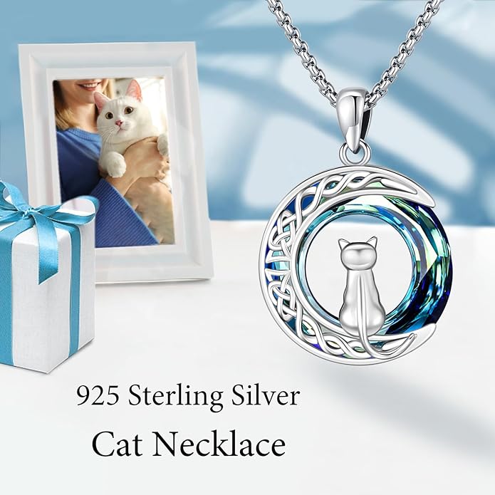 Odinstone Cat Necklace, S925 Sterling Silver Cat on Moon Pendant with Cubic Zirconia, Cat Jewelry Mothers Day Gifts for Mum with Gift Package - I Love You Forever