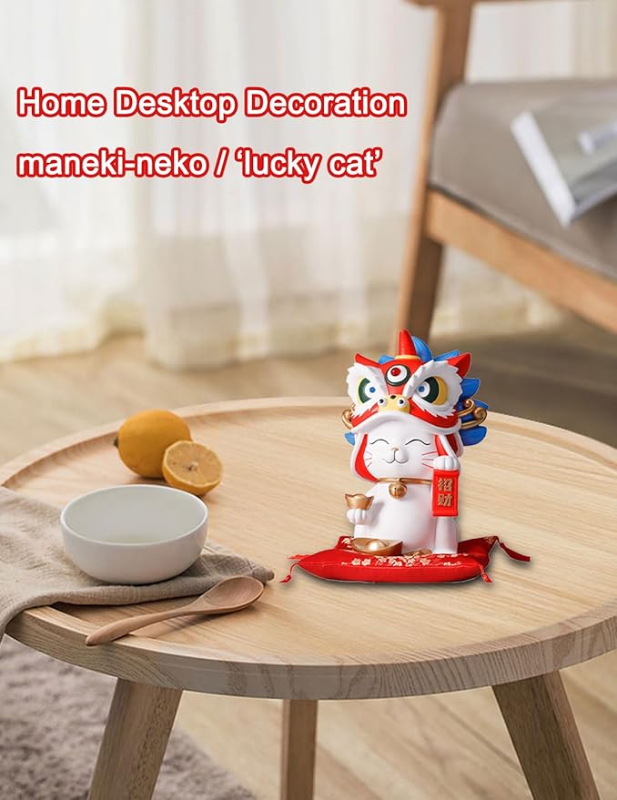 Lucky Cat Waving Arm Resin Statue, 11x7.1x6.3in Maneki Neko Fortune Cat Coin Bank Chinese Lion Dance Figurine for Store Opening Home Office Desk Decor White Waving Cat Ornament