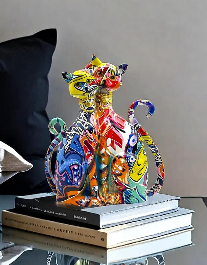 Colorful Cat Couple Lover Art Statue Figurine Sculpture, Cats Gifts for Cat Lover, Office Home Decor, Desk Accessories