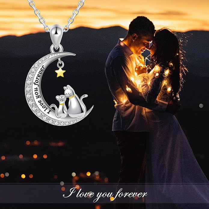 Cat/Rabbit/Bear Necklace 925 Sterling Silver Animal on Moon Pendant Necklace Jewelry Gifts for Women