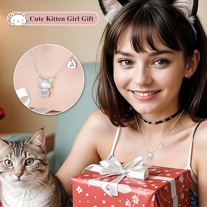 Gifts for Girls Necklace, Cat Heart Pendant Necklace for Jewelry Initial Necklace for Girl Birthday Christmas Gifts