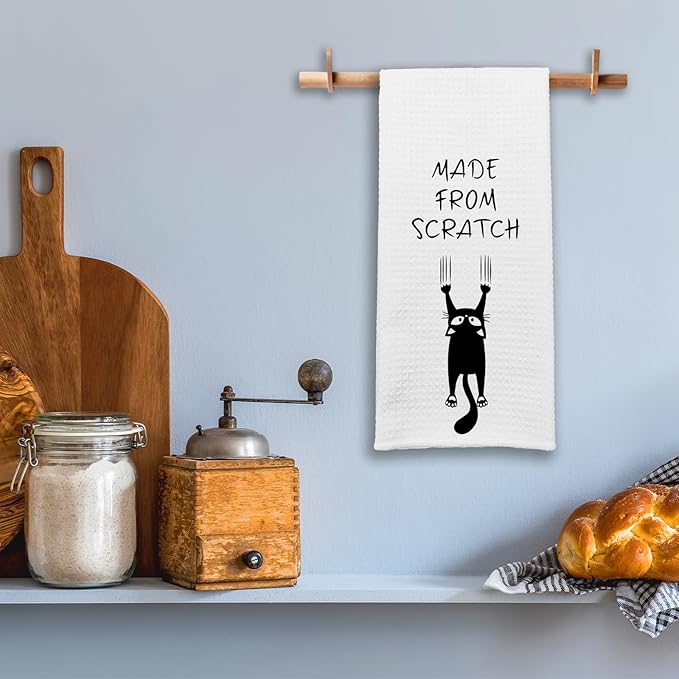 Funny Kitchen Dish Towels, Made from Scratch Dishcloths, Trendy Kitchen Decor, Funny Black Cat Hand Towel Gifts for Cat Lovers, Cute Housewarming Gifts for Women Hostess Housewife Friend