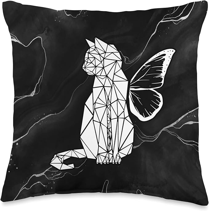 Cat figure, butterfly, black Throw Pillow