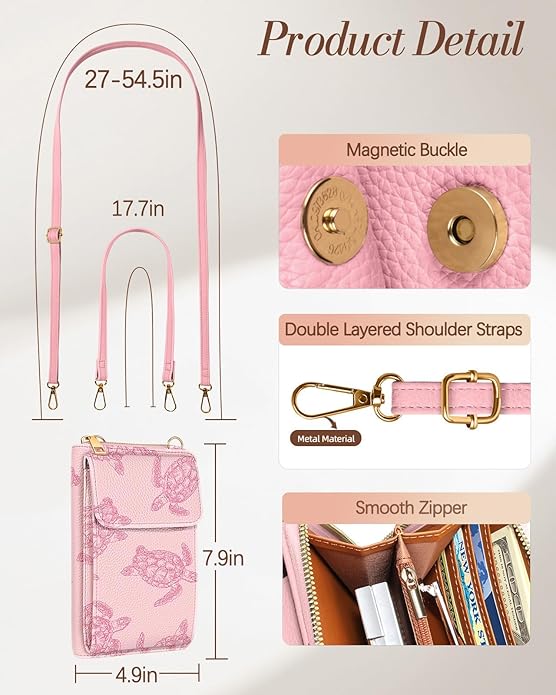 Cute Crossbody Purse Cell Phone Bags for Women - Leather Cellphone Wallet Purse with Handle Rope and Adjustable Shoulder Rope