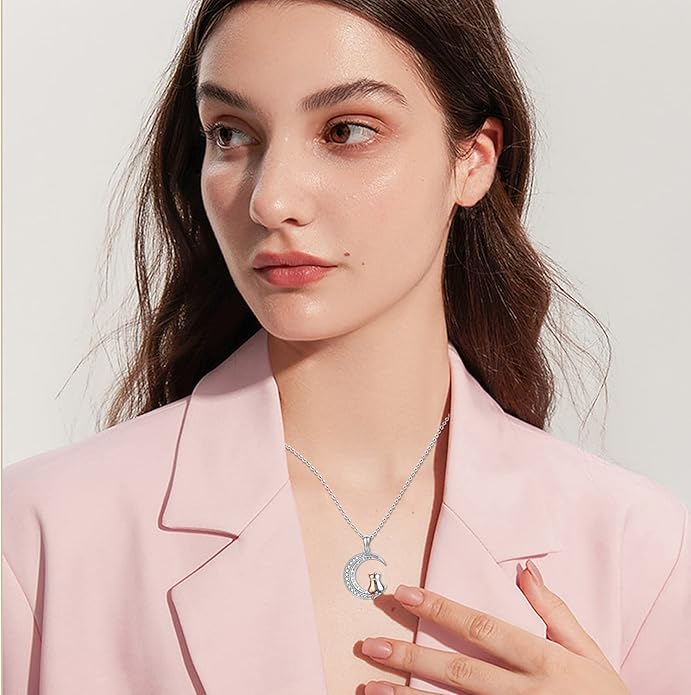 Odinstone Cat Necklace, S925 Sterling Silver Cat on Moon Pendant with Cubic Zirconia, Cat Jewelry Mothers Day Gifts for Mum with Gift Package - I Love You Forever