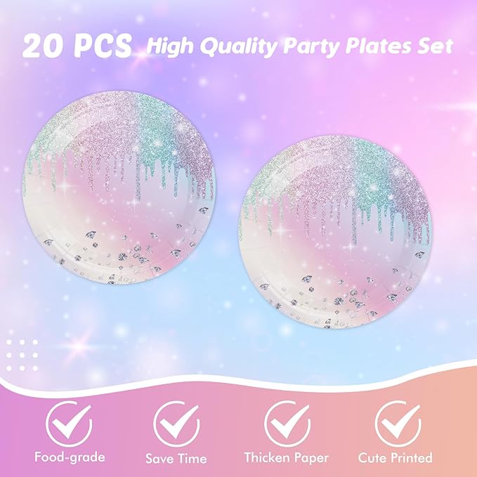Iridescent Diamond Birthday Party Supplies Decorations, Disposable Holographic Paper Tableware Includes 20 Plates 20 Napkins and 1 Tablecloth for Girls Kids Birthday Theme Party, Serve 20