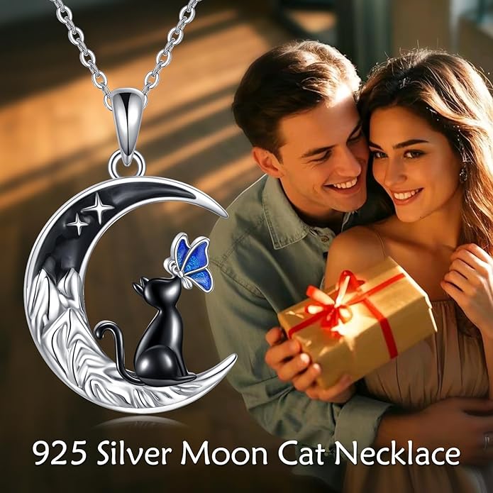TIGER RIDER Moon Cat Necklace 925 Sterling Silver Blue Butterfly Black Jewelry Gifts Birthday Christmas Gifts for Women Wife Cat Lovers