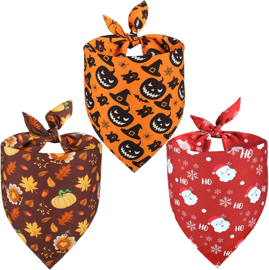 Doncida Halloween Dog Bandana and Thanksgiving Christmas Dog Bandanas 3 Pack, 6 Pattern Reversible Triangle Scarf for Medium and Large Dogs, Premium Durable Fabric Bibs for Pets (Large)