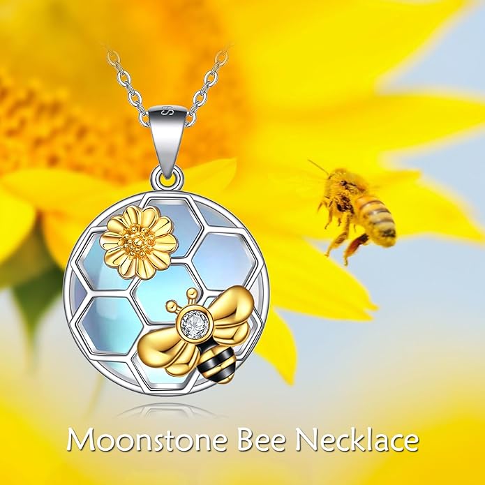 LUHE Bee Necklace 925 Sterling Silver Honeycomb Cute Flower Pendant Necklaces for Women Gifts for Her Women