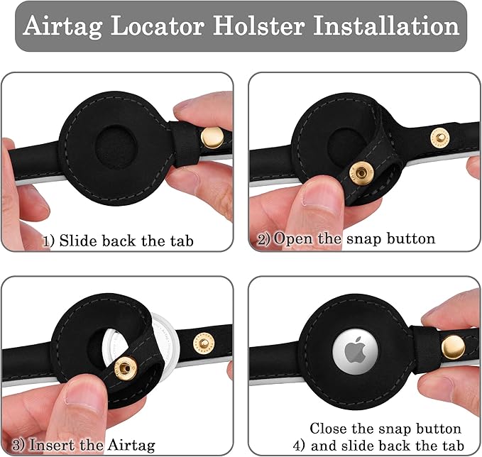 OOPSDOGGY Rolled Leather Dog Collar with Airtag Holder - Reflective Round Airtag Dog Collar - Soft Tracking Pet Collar for Small Dogs Puppy Cats Kitten (Black, XXL, 20"-24")