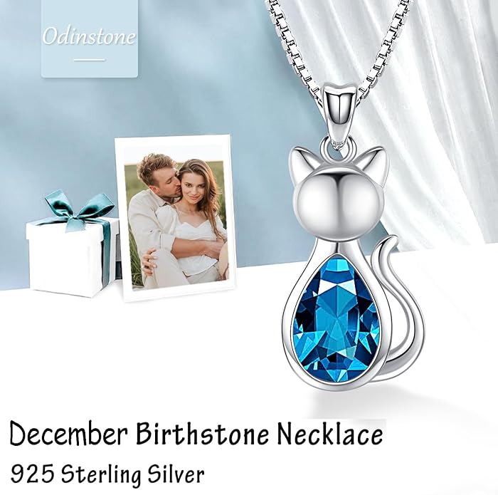 Odinstone Cat Birthstone Necklaces Jewelry Sterling Silver Cat Pendant Necklace Gift for Women Gifts, 18'' Silver Box Chain Women's Birthstone Crystal Cat Jewelry Gifts
