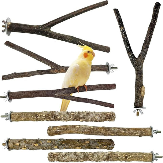 kathson 8 PCS Natural Bird Wood Perch Parakeet Standing Toy Sticks Parrot Paw Grinding Branches Cockatiels Cage Chewable Accessories for Conures Macaws Finches