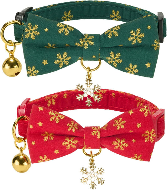 Christmas Cat Collar 2 Pack Cotton Bowtie Cat Collars Glittery Snowflakes Cute Kitten Collar(Red+Green)