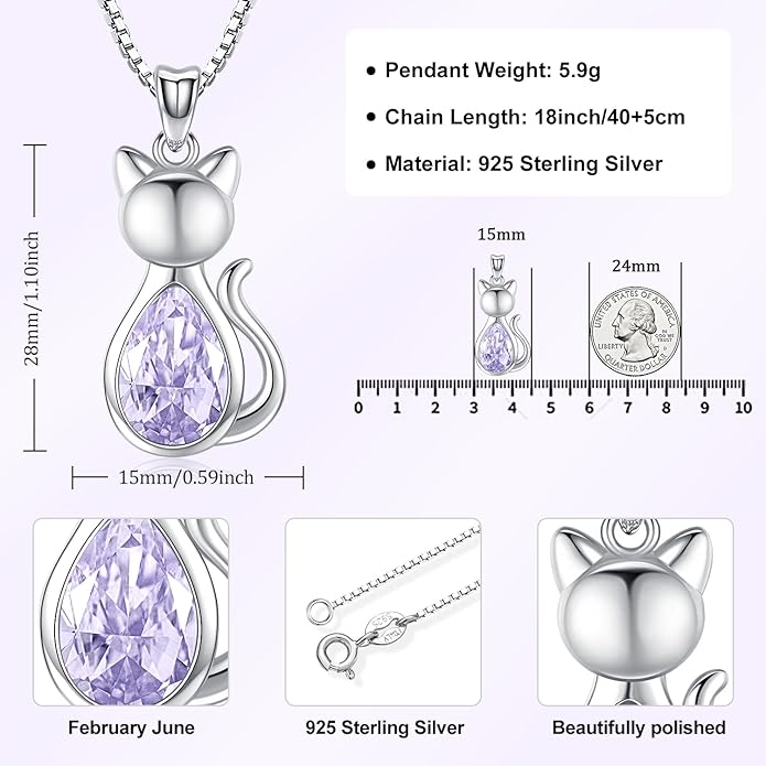 Odinstone Cat Birthstone Necklaces Jewelry Sterling Silver Cat Pendant Necklace Gift for Women Gifts, 18'' Silver Box Chain Women's Birthstone Crystal Cat Jewelry Gifts