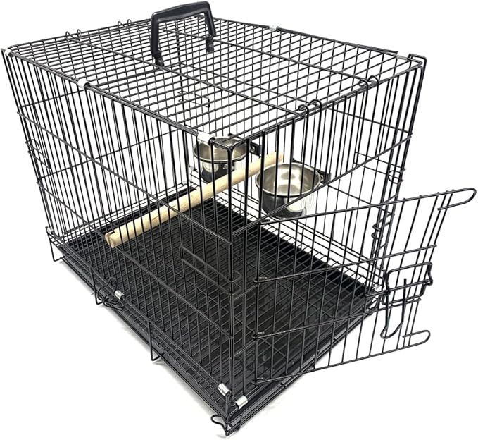 Durable Easy Portable Collapsible Metal Travel or Veterinary Collapsable Parrot Bird Carrier Beaks-Proof Easy Clean Carrier Cage with Stainless Steel Feeder Bowls Natural Wooden Perch