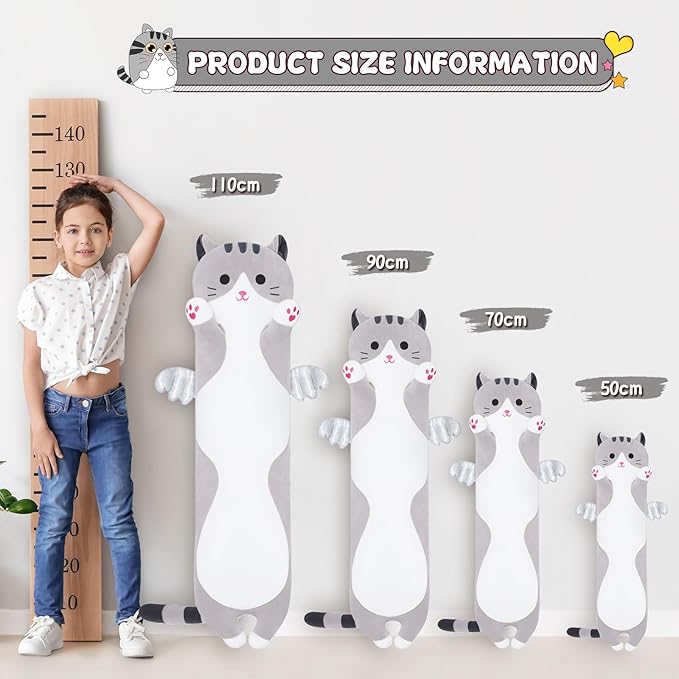 Soft Cat Plush Pillow, Grey Long Cat Stuffed Animals Soft Long Kitten Plushies Kawaii Cat Stuffed Plush Toy for Kids Girlfriend(70cm/27.5inch)