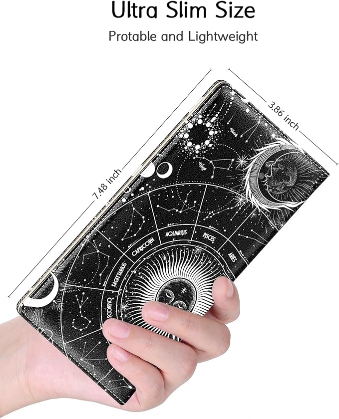 Nipichsha Womens Wallet, RFID Slim Wallets for Women, Thin Ladies Credit Card Holder Purse, Cute Leather Bifold Clutch Billfold with 11 Card Slots & ID Window, Sun Moon