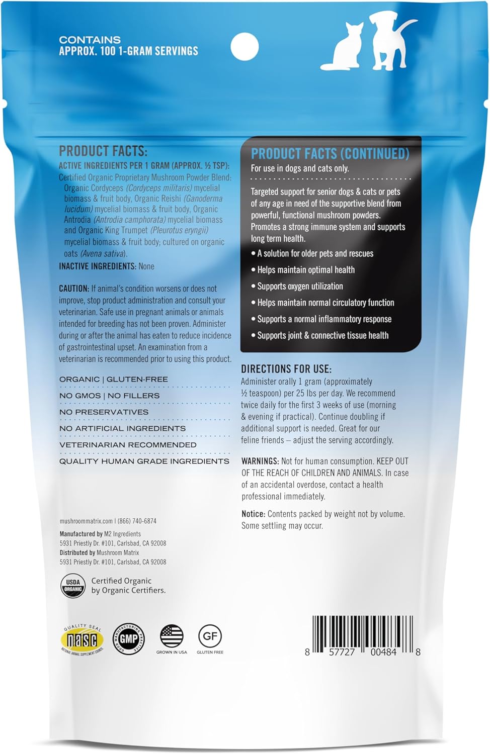 Om Mushroom Matrix Pet - Canine | Maximum Recovery | USA Grown Human-Grade Organic Mushroom Powder Pet Supplement | Optimal Health & Senior Care for Dogs & Cats | 100 Grams, 3.5 oz