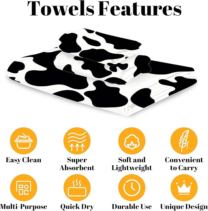 Cow 3 Piece Towel Bathroom Sets, 1 Bath Towel, 1 Washcloth, 1 Hand Towel, Cotton Fast Dry Soft Absorbent Towel Set for Home Kitchen Family