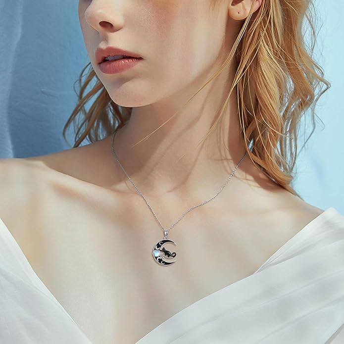 MONGAS Cat Necklace Sterling Silver Black Cat Pendant Necklace Black Cat Jewelry for Women