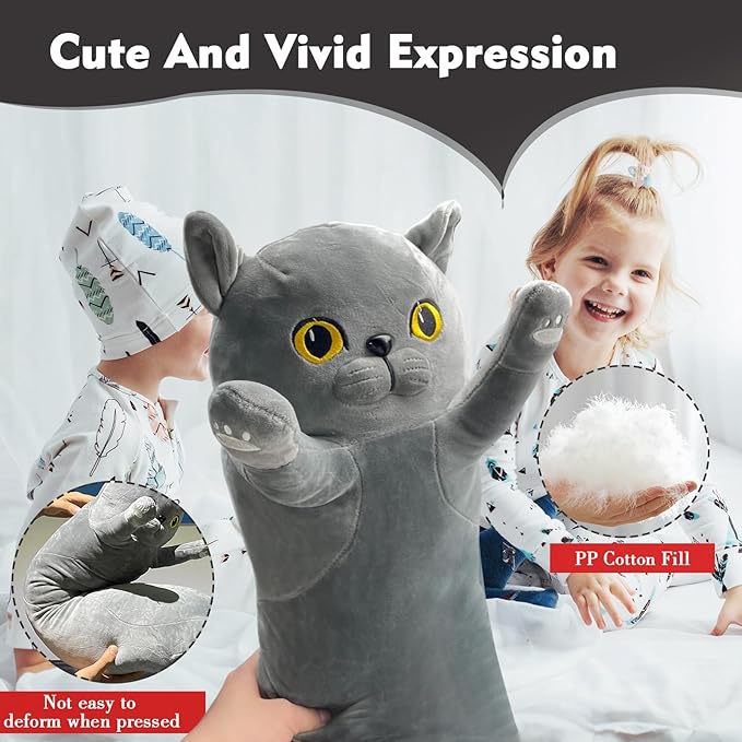 Long Cat Plush Pillow, 19.6in Cute Gray Cat Plushie Stuffed Animals Body Pillow, Kawaii Kitten Soft Plushie Doll Toy Birthday Gift for Kids Girlfriend
