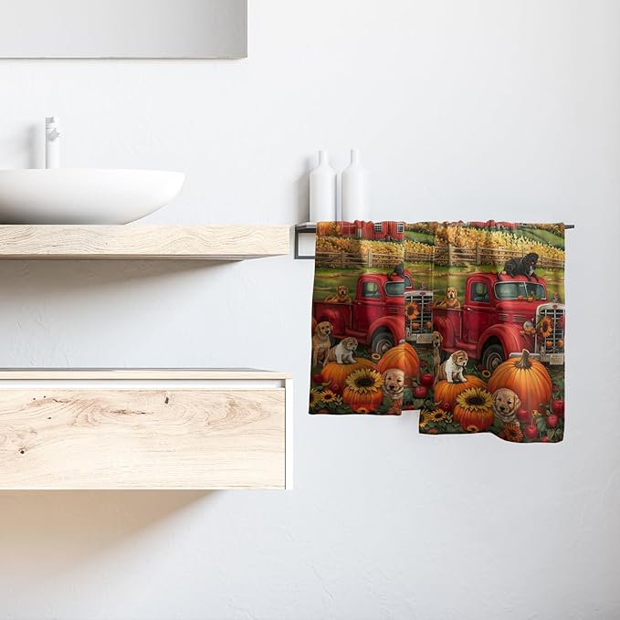 Giwawa Fall Farm Dogs Hand Towels Set of 2 Red Truck Decorative Dish Towel Soft Absorbent Seasonal Bath Towels for Bathroom Kitchen Spa Yoga