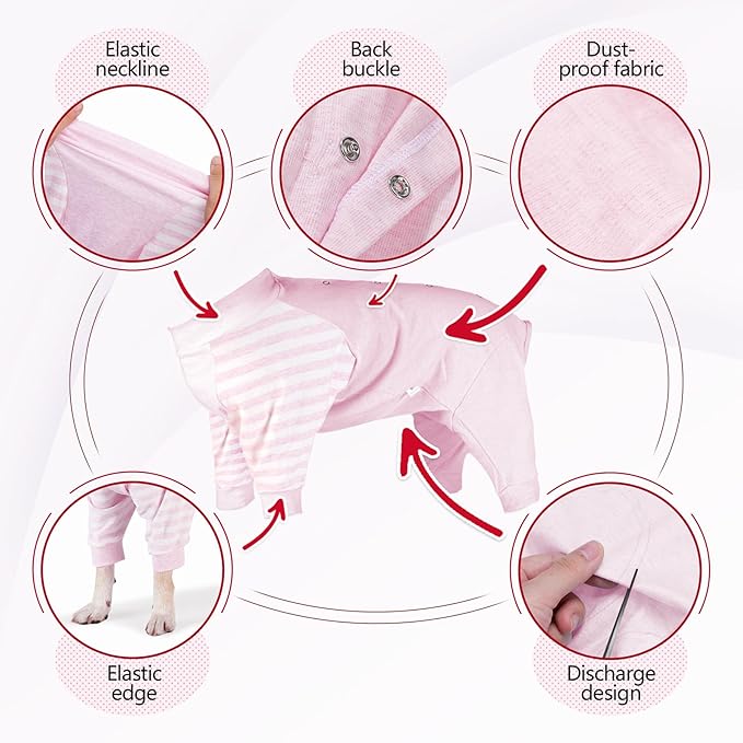 Dog Recovery Suit, Abdominal Wound After Surgery Wear, Anti Licking Bodysuit with Snaps, E-Collar & Cone Alternatives, Striped Dog Spay Surgical Pajamas Prevent Shedding(Small, Pink)