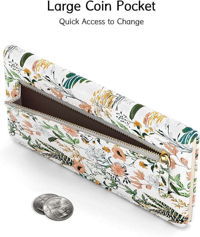 Nipichsha Womens Wallet, RFID Slim Wallets for Women, Thin Ladies Credit Card Holder Purse, Cute Leather Bifold Clutch Billfold with 11 Card Slots & ID Window, Village Road Flowers