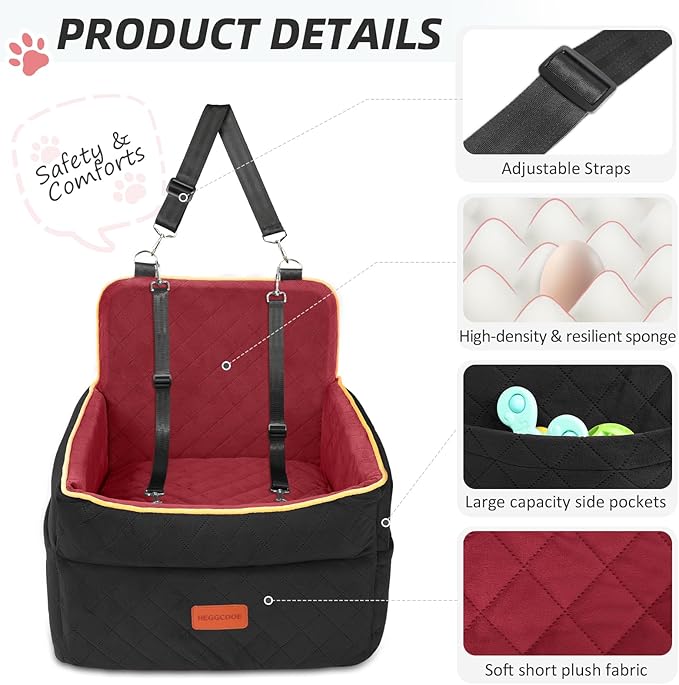 Dog Car Seat for Small Medium Dogs, Memory Foam Puppy Dog Booster Seat with Thick Cushion for Dogs Under 35lbs, Detachable Washable Pet Car Seat Travel Bed with Storage Pockets,2 Safety Belts