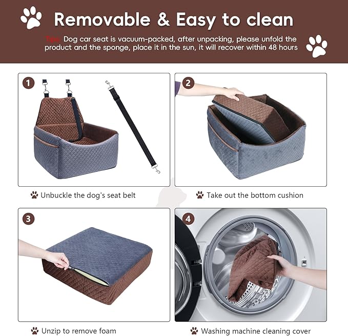 Dog Car Seat for Small Medium Dogs, Soft Fabric Dog Booster Seat with Storage Pockets, Safety Belt, Comfy Pet Car Seat Travel Bed, Removable and Washable