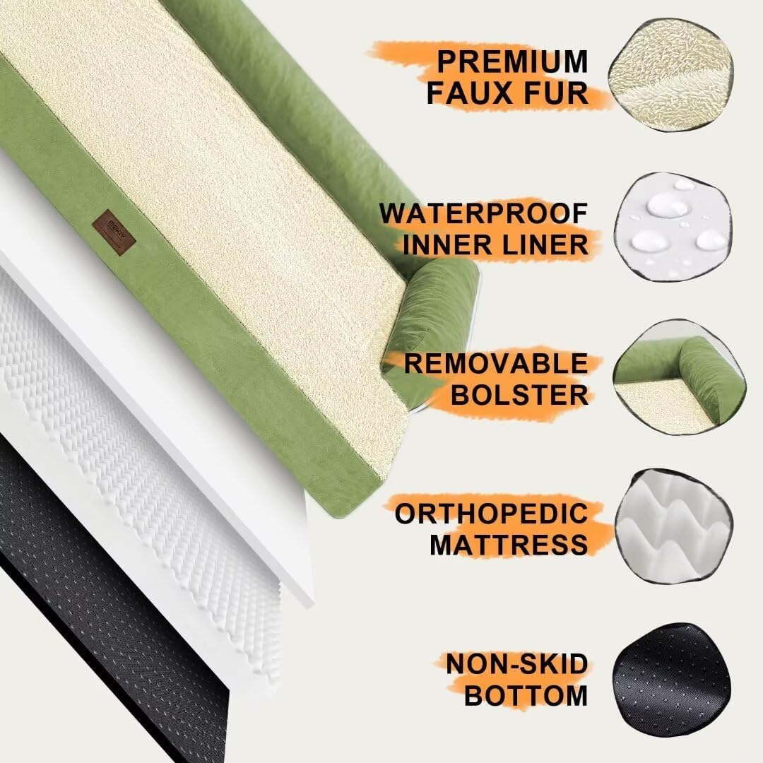 Large Dog Bed Orthopedic Washable - Memory Foam - XXL Large Big Dogs - Beds Bolster Pet - Couch Sofa - Waterproof with Removable Cover - Grass Green Dog Bed