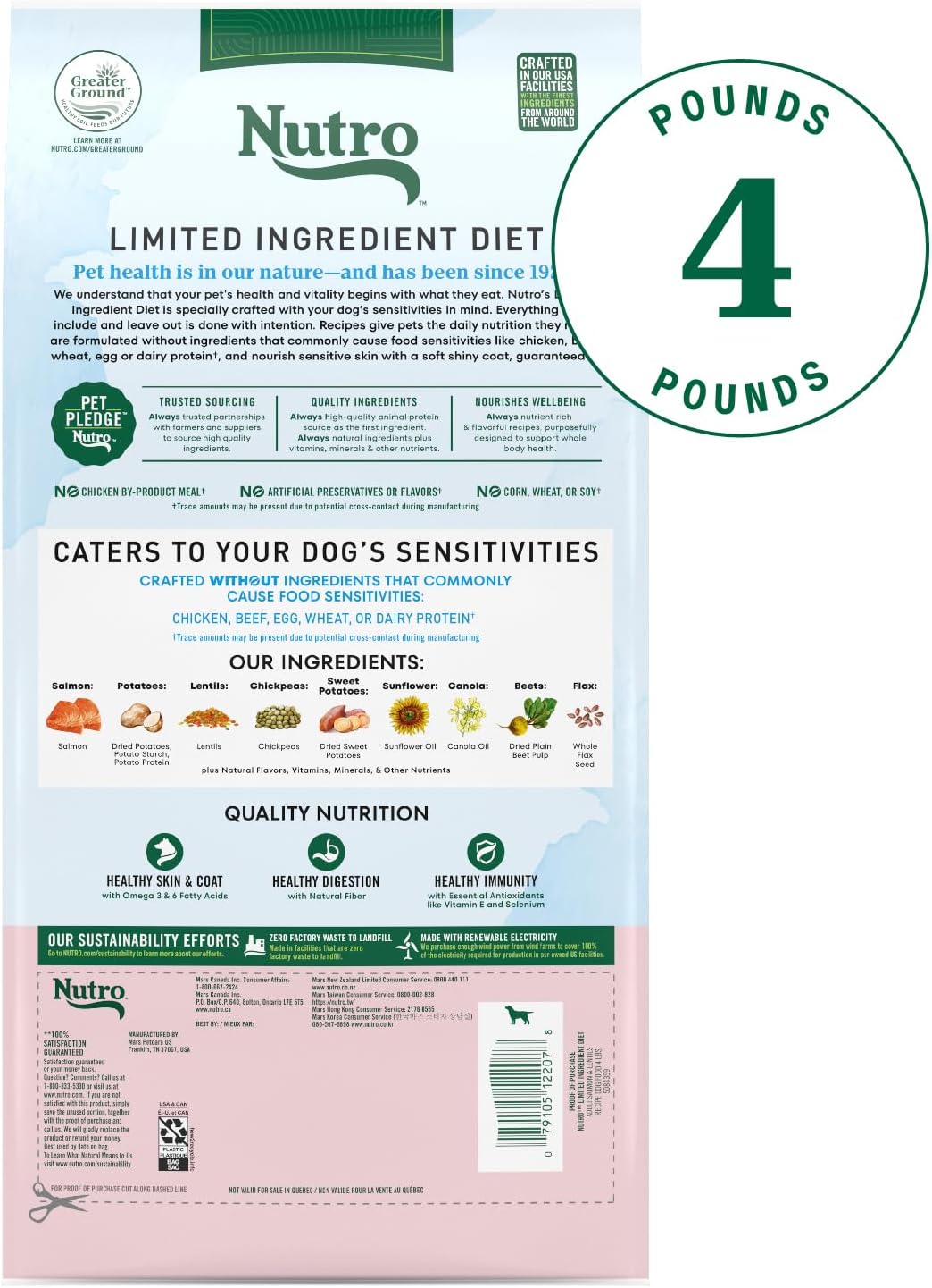 Nutro Limited Ingredient Diet Adult Dry Dog Food, Salmon & Lentils Recipe, 4 lbs.